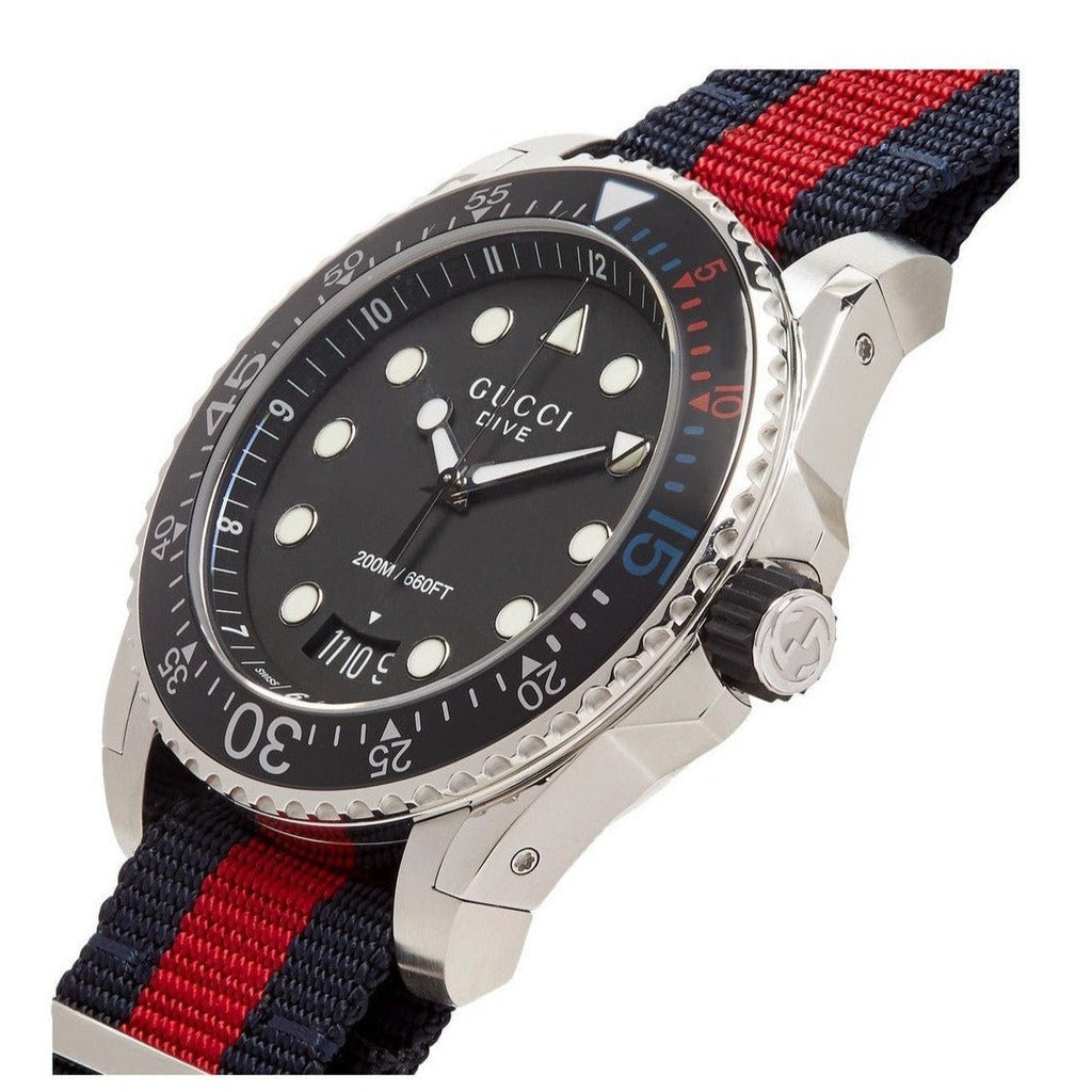 Gucci Dive Black Dial Red & Blue Nylon Strap Watch For Men - YA136210 Authentic Buy Shop Now