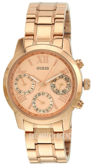 Guess Mini Sunrise Chronograph Quartz Rose Gold Dial Rose Gold Steel Strap Watch For Women - W0448L3 Authentic Buy Shop Now