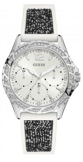 Guess Swirl Quartz Silver Dial White Silicone Strap Watch for Women - W1096L1 Authentic Buy Shop Now