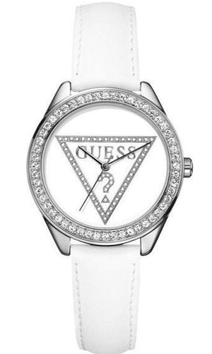 Guess Mini Triangle Quartz Diamonds Silver Dial White Leather Strap Watch For Women - W65006L1 Authentic Buy Shop Now