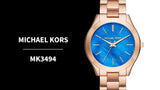 Michael Kors Slim Runway Quartz Blue Dial Rose Gold Steel Strap Watch For Women - MK3494 Authentic Buy Shop Now