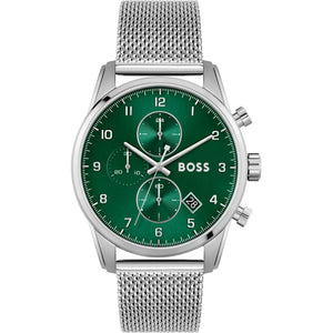 Hugo Boss Skymaster Green Dial Silver Mesh Bracelet Watch for Men - 1513938 Authentic Buy Shop Now