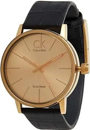 Calvin Klein Post Minimal Gold Dial Black Leather Strap Watch For Men - K7621501 Authentic Buy Shop Now