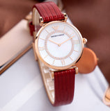 Emporio Armani Gianni T-Bar Analog Mother of Pearl Dial Red Leather Strap Watch For Women - AR11322 Authentic Buy Shop Now