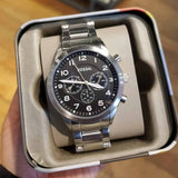 Fossil Pilot Chronograph Black Dial Silver Steel Strap Watch for Men - FS5141 Authentic Buy Shop Now