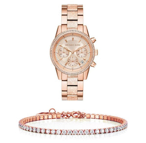 Michael Kors Ritz Chronograph Rose Gold Dial Rose Gold Steel Strap Watch For Women - MK6598 Authentic Buy Shop Now