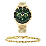 Tommy Hilfiger Jordan Chronograph Green Dial Gold Mesh Strap Watch For Men - 1792093 Authentic Buy Shop Now