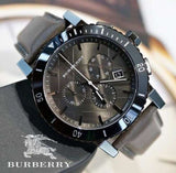 Burberry The City Chronograph Ion Plated Grey Dial Grey Leather Strap Watch for Men - BU9384 Authentic Buy Shop Now