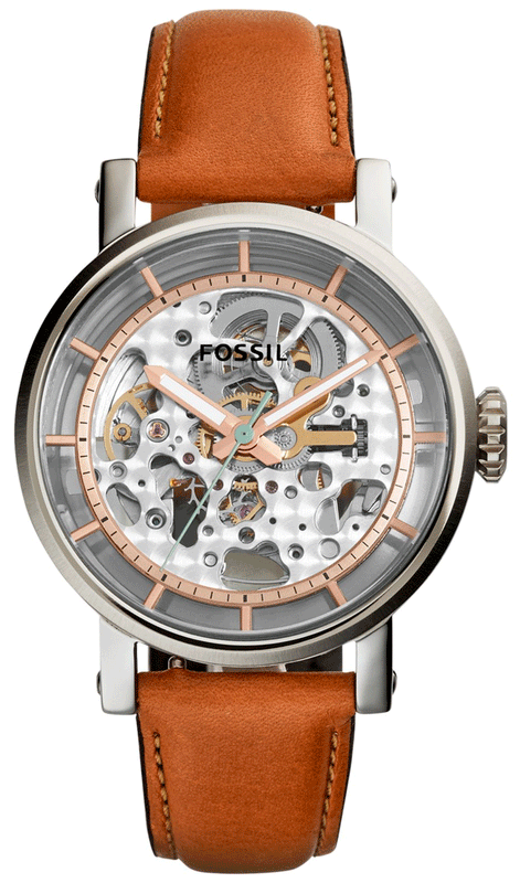 Fossil Boyfriend Automatic Skeleton Silver Dial Brown Leather Strap Watch for Women - ME3109 Authentic Buy Shop Now