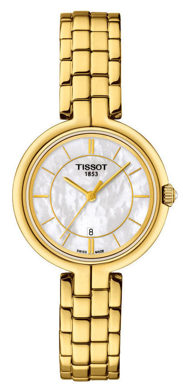 Tissot Flamingo Mother of Pearl White Dial Gold Steel Strap Watch For Women - T094.210.33.111.00 Authentic Buy Shop Now