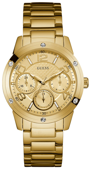 Guess Crystal Multifunction Gold Dial Gold Steel Strap Watch for Women - W0778L2 Authentic Buy Shop Now