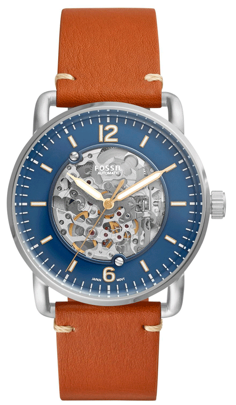 Fossil Commuter Automatic Skeleton Blue Dial Brown Leather Strap Watch for Men - ME3159 Authentic Buy Shop Now