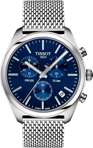 Tissot PR 100 Chronograph Blue Dial Silver Mesh Bracelet Watch for Men - T101.417.11.041.00 Authentic Buy Shop Now