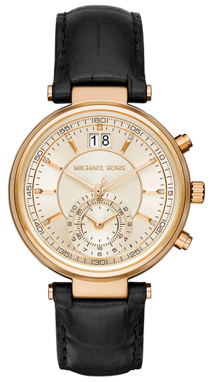 Michael Kors Sawyer Champagne Dial Black Leather Strap Watch for Women - MK2433 Authentic Buy Shop Now