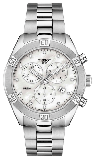 Tissot PR 100 Sport Chic Chronograph Diamonds Mother of Pearl Dial Silver Steel Strap Watch for Women - T101.917.11.116.00 Authentic Buy Shop Now