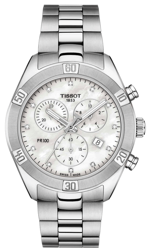 Tissot PR 100 Sport Chic Chronograph Diamonds Mother of Pearl Dial Silver Steel Strap Watch for Women - T101.917.11.116.00 Authentic Buy Shop Now