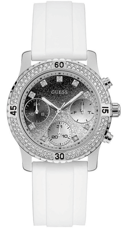 Guess Confetti Crystal Black Dial White Silicone Strap Watch For Women - W1098L1 Authentic Buy Shop Now