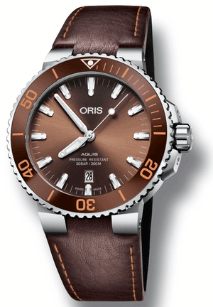 Oris Aquis Date Brown Dial Brown Leather Strap Watch for Men - 0173377304152-0752412EB Authentic Buy Shop Now