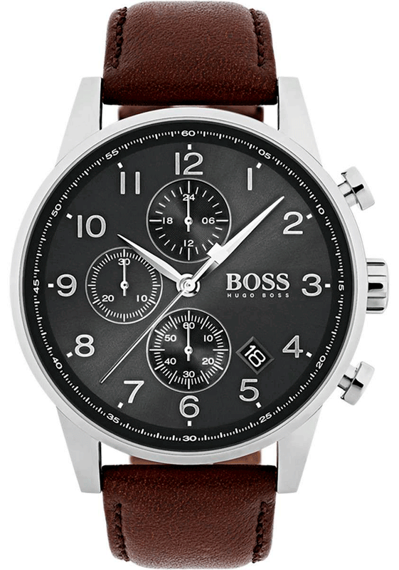 Hugo Boss Navigator Grey Dial Brown Leather Strap Watch for Men - 1513494 Authentic Buy Shop Now