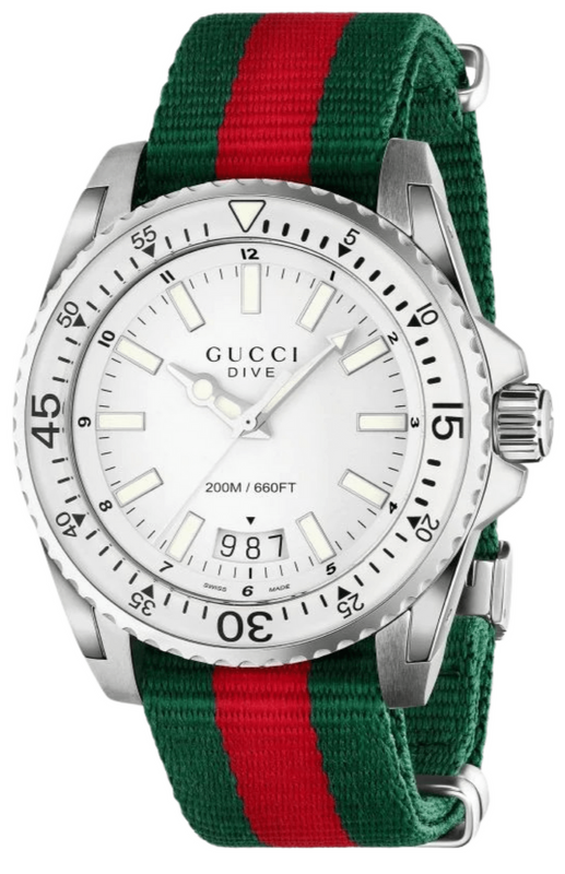 Gucci Dive White Dial Red & Green Nylon Strap Watch For Men - YA136207 Authentic Buy Shop Now