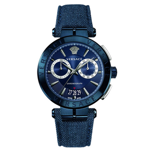 Versace Aion Chronograph Blue Dial Blue Leather Strap Watch for Men - VBR070017 Authentic Buy Shop Now