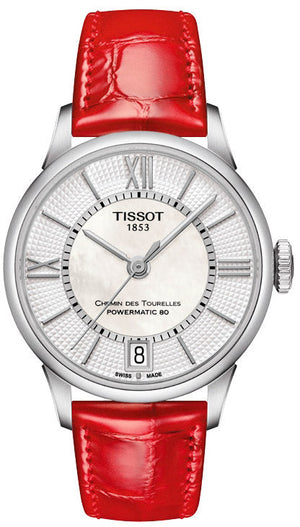 Tissot Chemin Des Tourelles Powermatic 80 Mother of Pearl White Dial Red Leather Strap Watch For Women - T099.207.16.118.00 Authentic Buy Shop Now