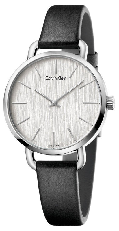 Calvin Klein Even Silver Black Leather Strap Watch for Women - K7B231C6 Authentic Buy Shop Now