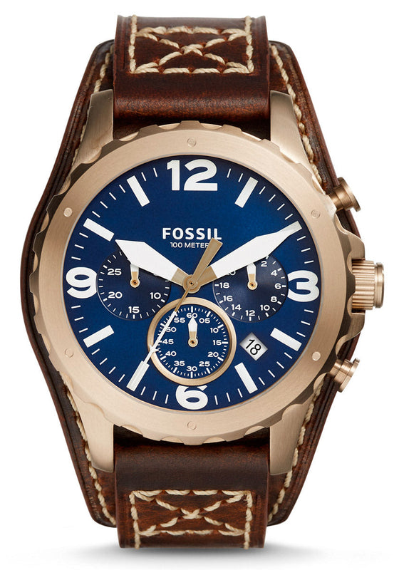 Fossil Nate Chronograph Blue Dial Brown Leather Strap Watch for Men - JR1505 Authentic Buy Shop Now