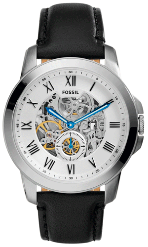 Fossil Grant Skeleton White Dial Black Leather Strap Watch for Men - ME3053 Authentic Buy Shop Now