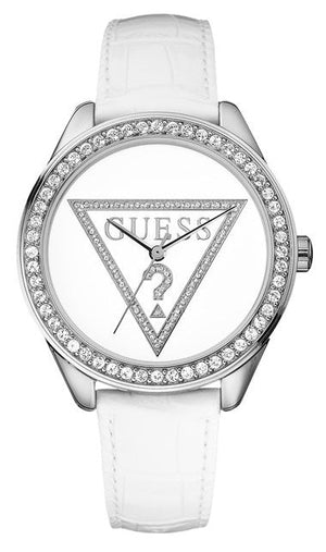 Guess Mini Triangle Quartz Diamonds Silver Dial White Leather Strap Watch For Women - W65006L1 Authentic Buy Shop Now