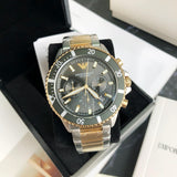 Emporio Armani Diver Chronograph Green Dial Two Tone Steel Strap Watch For Men - AR11361 Authentic Buy Shop Now
