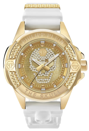 Philipp Plein The Skull Gold Dial White Silicone Strap Watch for Men - PWAAA1221 Authentic Buy Shop Now