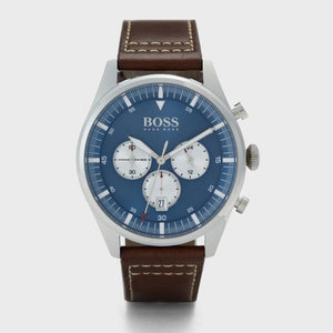 Hugo Boss Pioneer Chronograph Blue Dial Brown Leather Strap Watch For Men - 1513709 Authentic Buy Shop Now