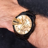 Diesel Mega Chief Chronograph Gold Dial Black Steel Strap Watch For Men - DZ4485 Authentic Buy Shop Now