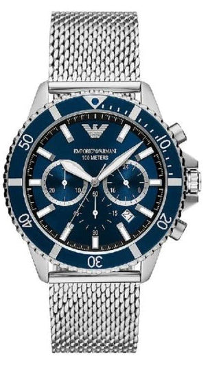 Emporio Armani Diver Chronograph Blue Dial Silver Mesh Strap Watch for Men - AR11587 Authentic Buy Shop Now