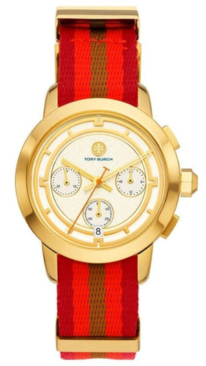 Tory Burch The Tory Chronograph White Dial Tri Tone NATO Strap Watch for Women - TBW1036 Authentic Buy Shop Now