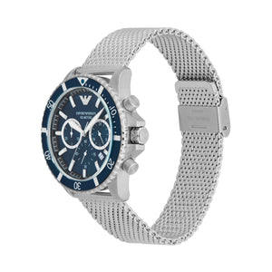 Emporio Armani Diver Chronograph Blue Dial Silver Mesh Strap Watch for Men - AR11587 Authentic Buy Shop Now