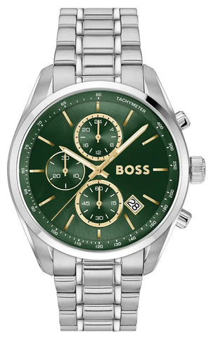 Hugo Boss Grand Prix Chronograph Green Dial Silver Steel Strap Watch for Men - 1514266 Authentic Buy Shop Now