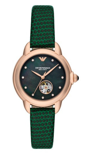 Emporio Armani Mia Meccanico Mother of Pearl Dial Green Leather Strap Watch for Women - AR60073 Authentic Buy Shop Now