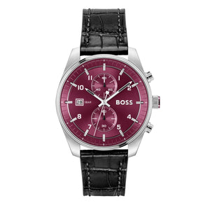 Hugo Boss Skytraveller Chronograph Burgundy Red Dial Black Leather Strap Watch for Men - 1514193 Authentic Buy Shop Now