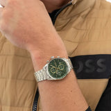 Hugo Boss Grand Prix Chronograph Green Dial Silver Steel Strap Watch for Men - 1514266 Authentic Buy Shop Now