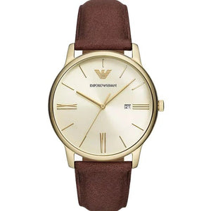 Emporio Armani Minimalist Quartz Gold Dial Brown Leather Strap Watch for Men - AR11610 Authentic Buy Shop Now