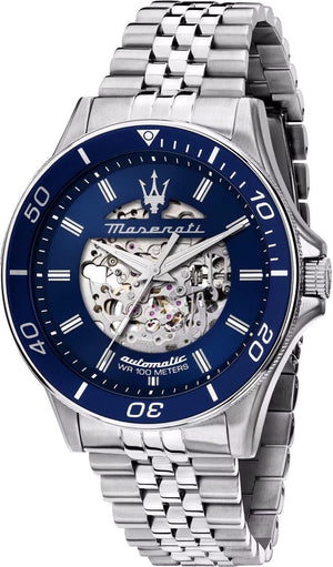 Maserati SFIDA Skeleton Automatic Blue Dial Silver Steel Strap Watch for Men - R8823140011 Authentic Buy Shop Now