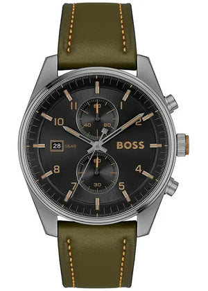 Hugo Boss Skytraveller Chronograph Black Dial Green Leather Strap Watch for Men - 1514148 Authentic Buy Shop Now