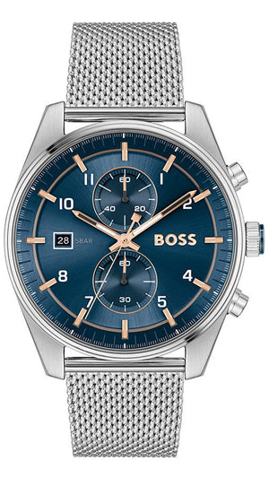 Hugo Boss Skytraveller Chronograph Blue Dial Silver Mesh Strap Watch for Men - 1514149 Authentic Buy Shop Now