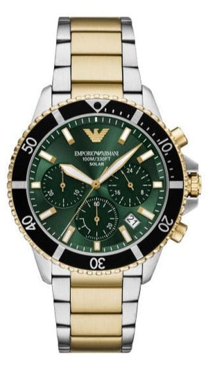 Emporio Armani World Explorer Chronograph Green Dial Two Tone Steel Strap Watch for Men - AR11695 Authentic Buy Shop Now