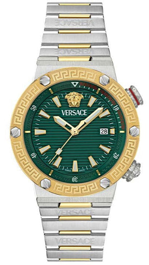 Versace Greca Logo Diver Quartz Green Dial Two Tone Steel Strap Watch for Men - VE8G00524 Authentic Buy Shop Now