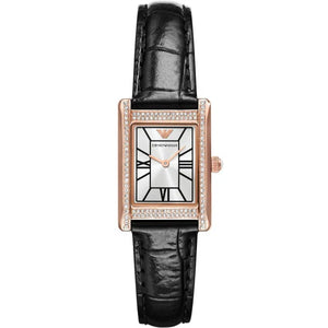 Emporio Armani Genni Silver Dial Black Leather Strap Watch for Women - AR11624 Authentic Buy Shop Now