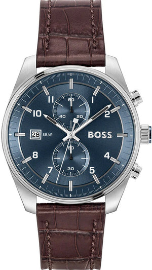 Hugo Boss Skytraveller Chronograph Blue Dial Brown Leather Strap Watch for Men - 1514194 Authentic Buy Shop Now