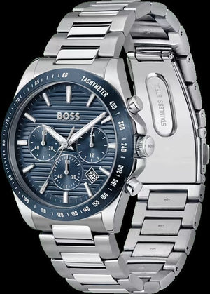 Hugo Boss Strike Chronograph Blue Dial Silver Steel Strap Watch for Men - 1514240 Authentic Buy Shop Now